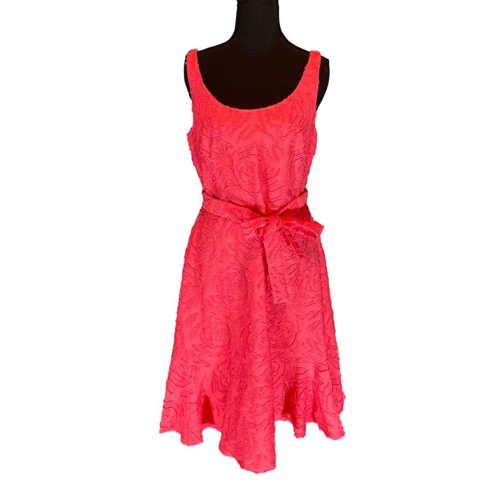 Karl Lagerfeld Paris Coral Pink Textured Rose Floral Fit Flare Dress 6 Coquette‎